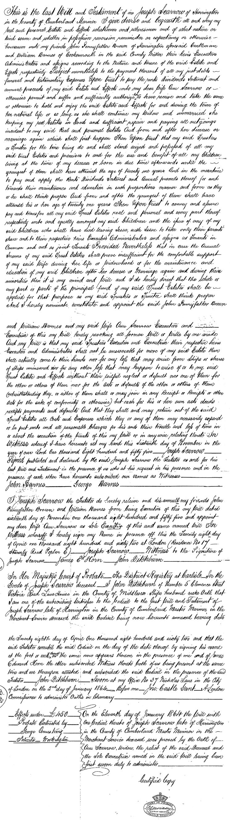 Will of Joseph Scarrow, Master Mariner, Cumberland